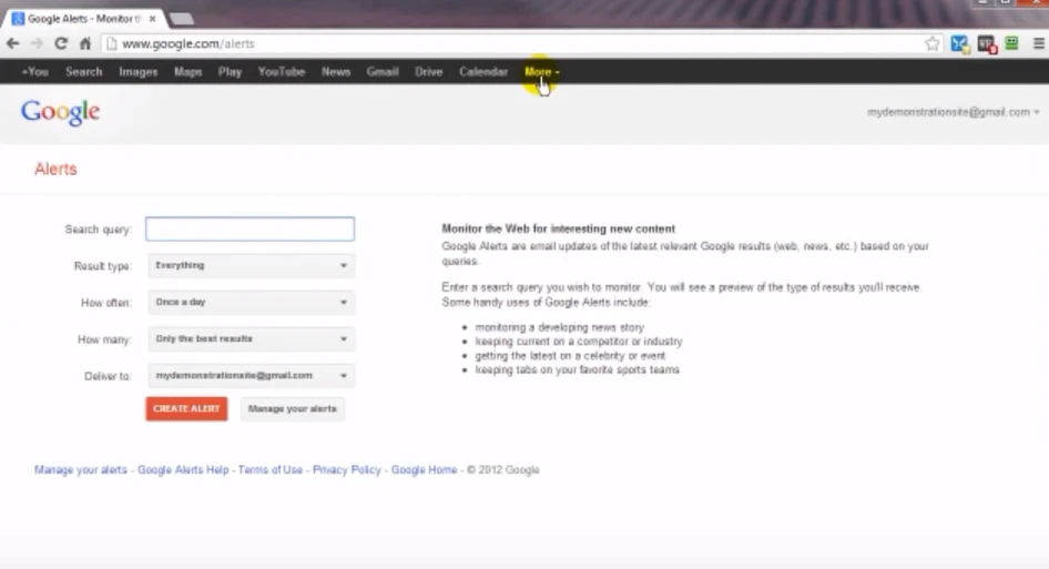 screenshot of Google Alerts